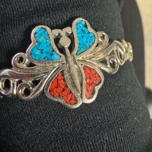 Russian Silver Butterfly Bracelet with Turquoise and Red Accents
